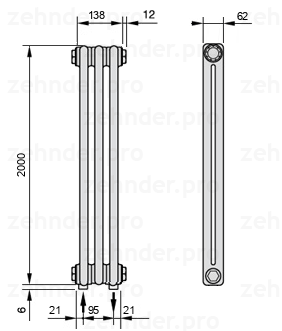 Схема (чертеж) Радиатор Zehnder Charleston 2200/3 №5310 Белый глянцевый RAL 9016